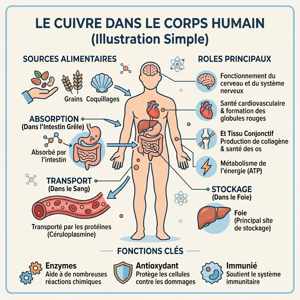 Diagram showing copper sources like grains and shellfish, absorption in intestines, transport in blood, storage in liver, and roles including brain function, cardiovascular health, connective tissue, energy metabolism, and immune support.