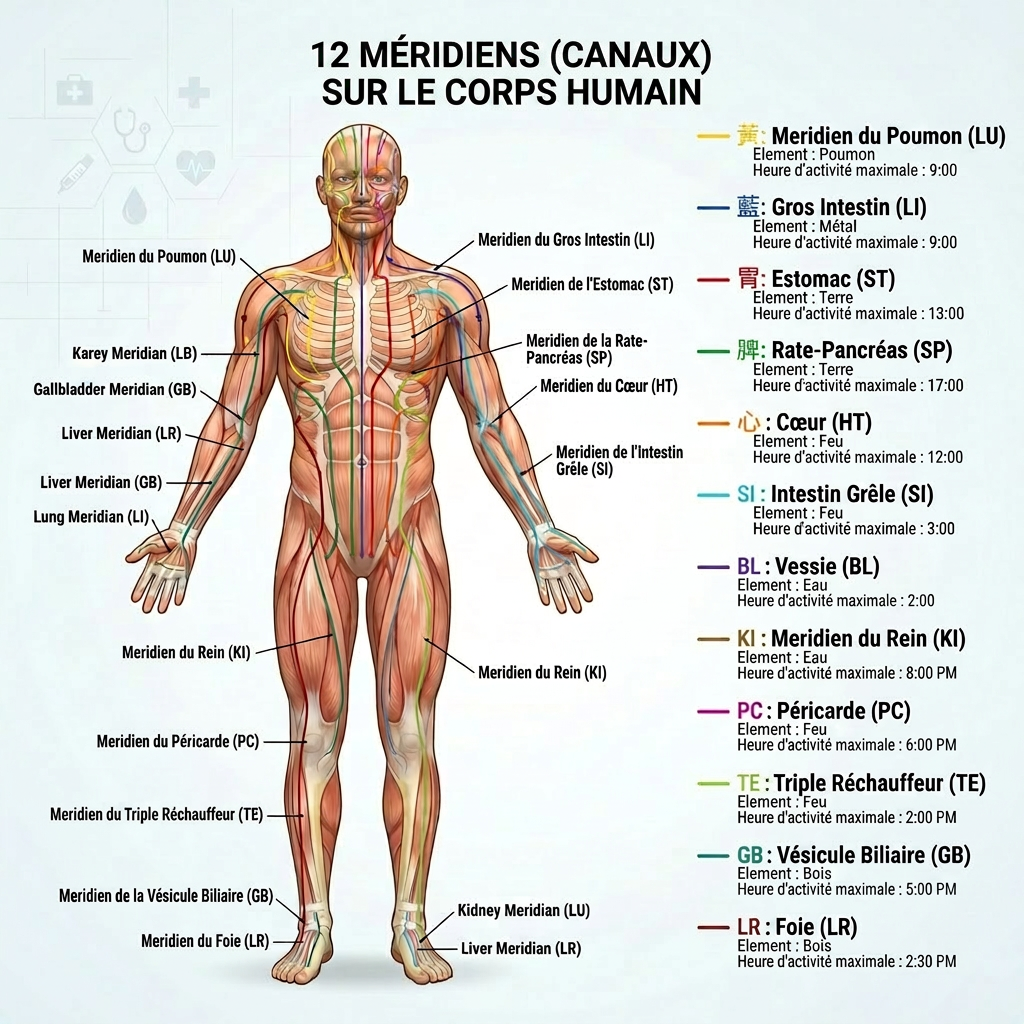 12 méridiens (canaux) sur le corps humain