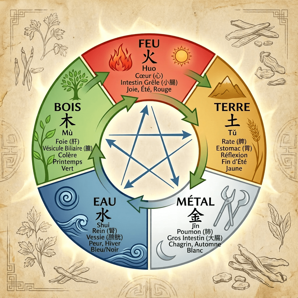 Diagram showing five elements - Fire, Earth, Metal, Water, Wood - with related organs, emotions, seasons, and colors in traditional Chinese medicine.