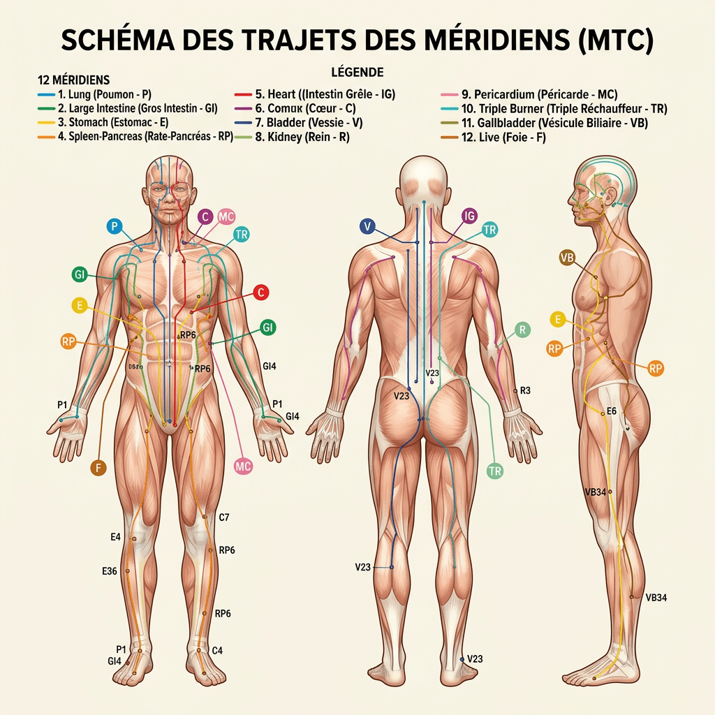 Diagram of 12 traditional Chinese medicine meridians on front, back, and side of human body with labels and color-coded paths