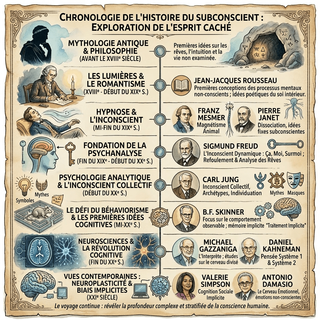 Timeline of subconscious history showing key eras and figures like Freud, Jung, and Kahneman along with their contributions.