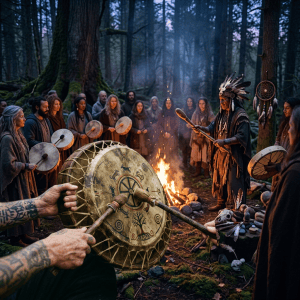 Shamanic drum ceremony in forest at dusk