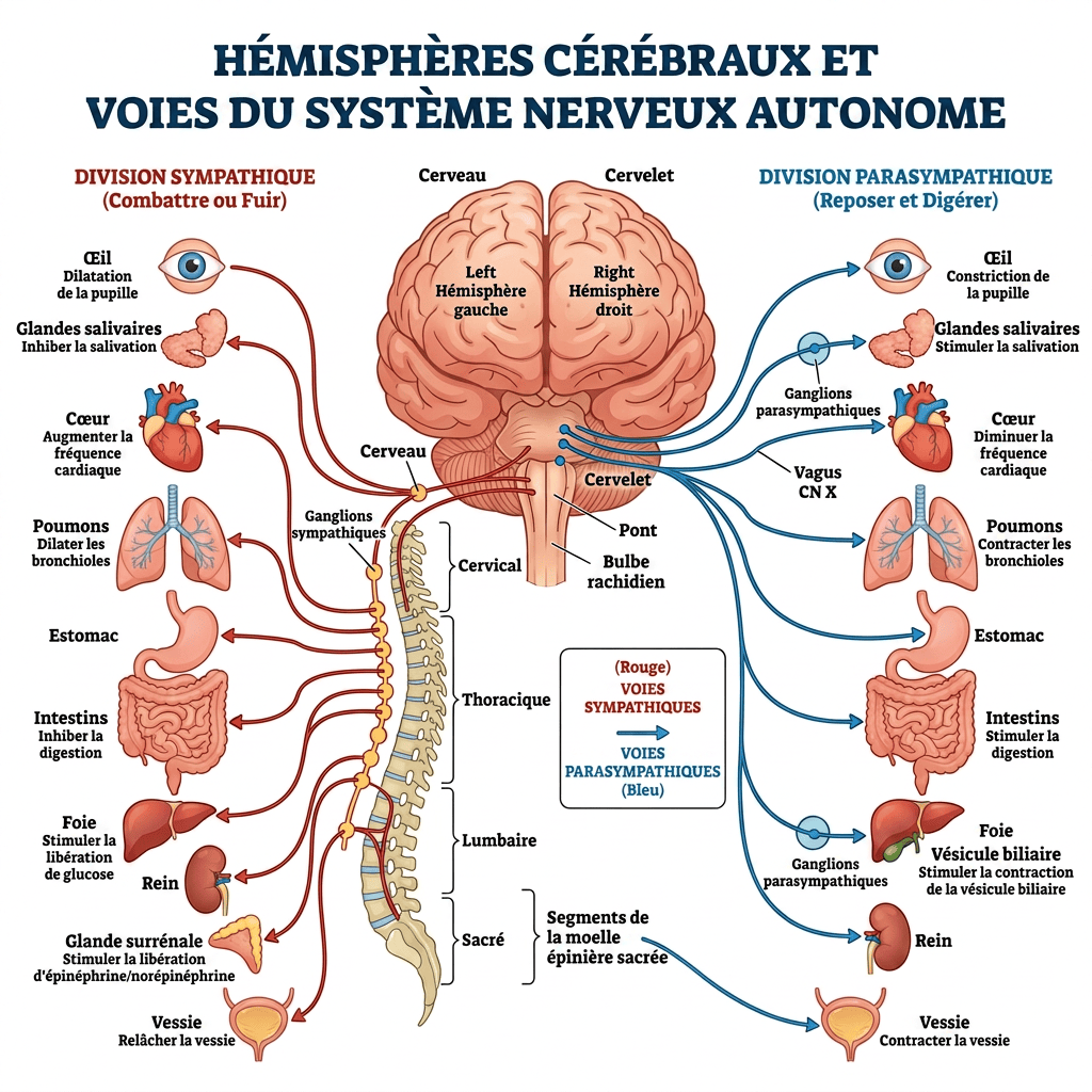 Diagram of brain hemispheres and autonomic nervous system pathways with sympathetic and parasympathetic divisions