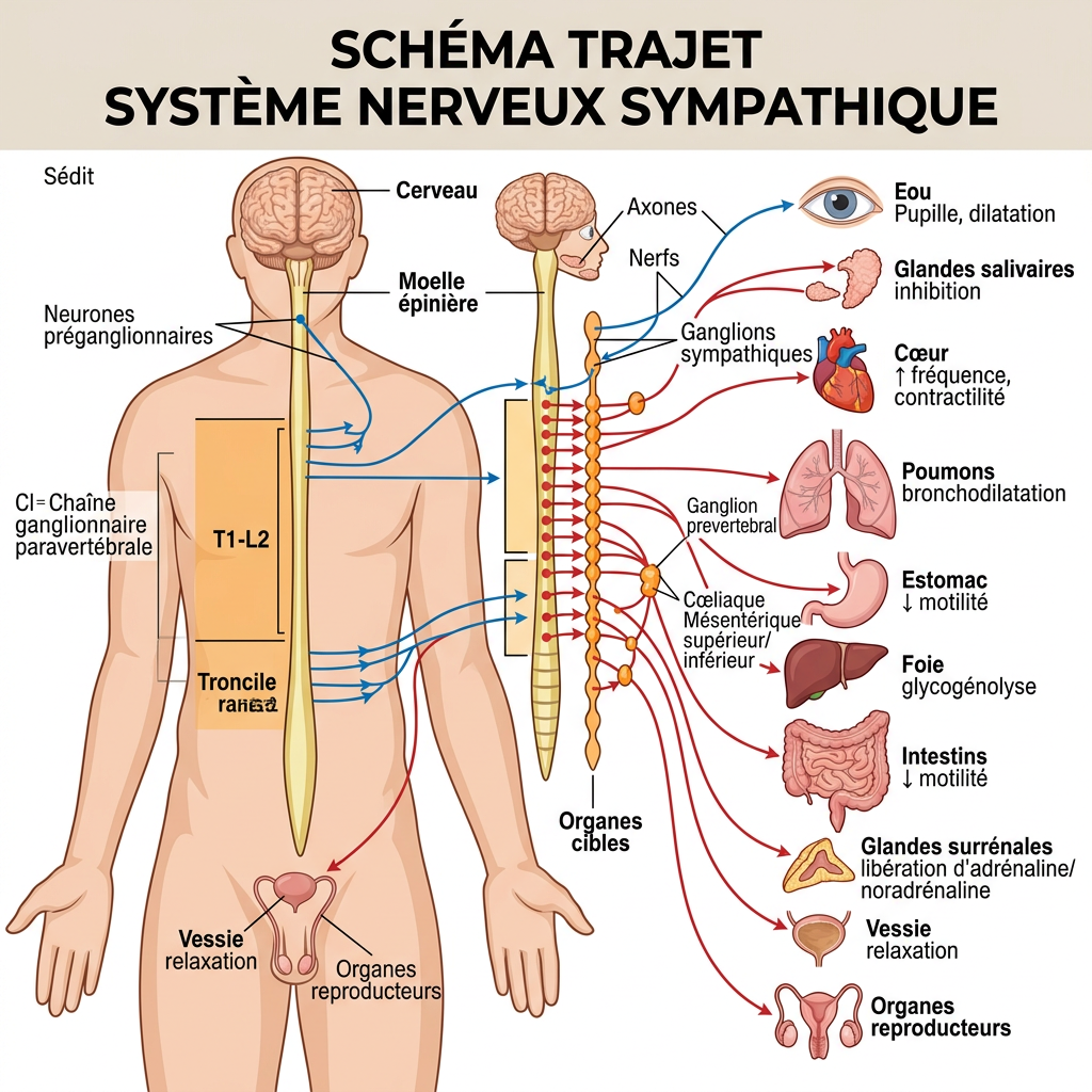 Diagram of sympathetic nervous system pathways with labeled brain, spinal cord, ganglia, and target organs showing effects such as pupil dilation and organ responses.