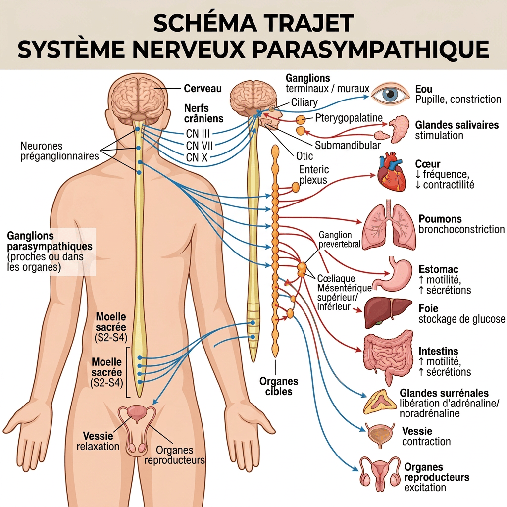 Diagram of sympathetic nervous system pathways with labeled brain, spinal cord, ganglia, and target organs showing effects such as pupil dilation and organ responses.